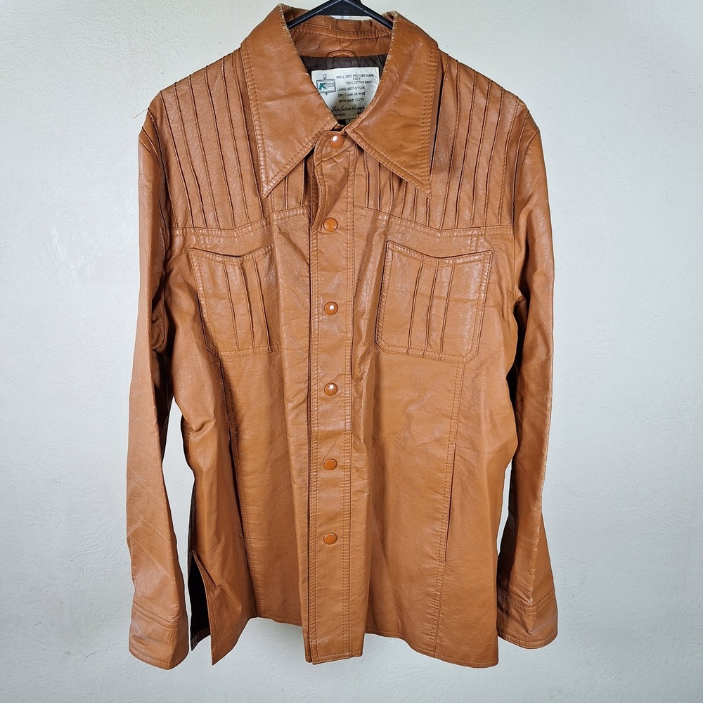 Kmart Vintage Faux‎ Leather Mens Western Pioneer Rancher Lined Button Down Shirt